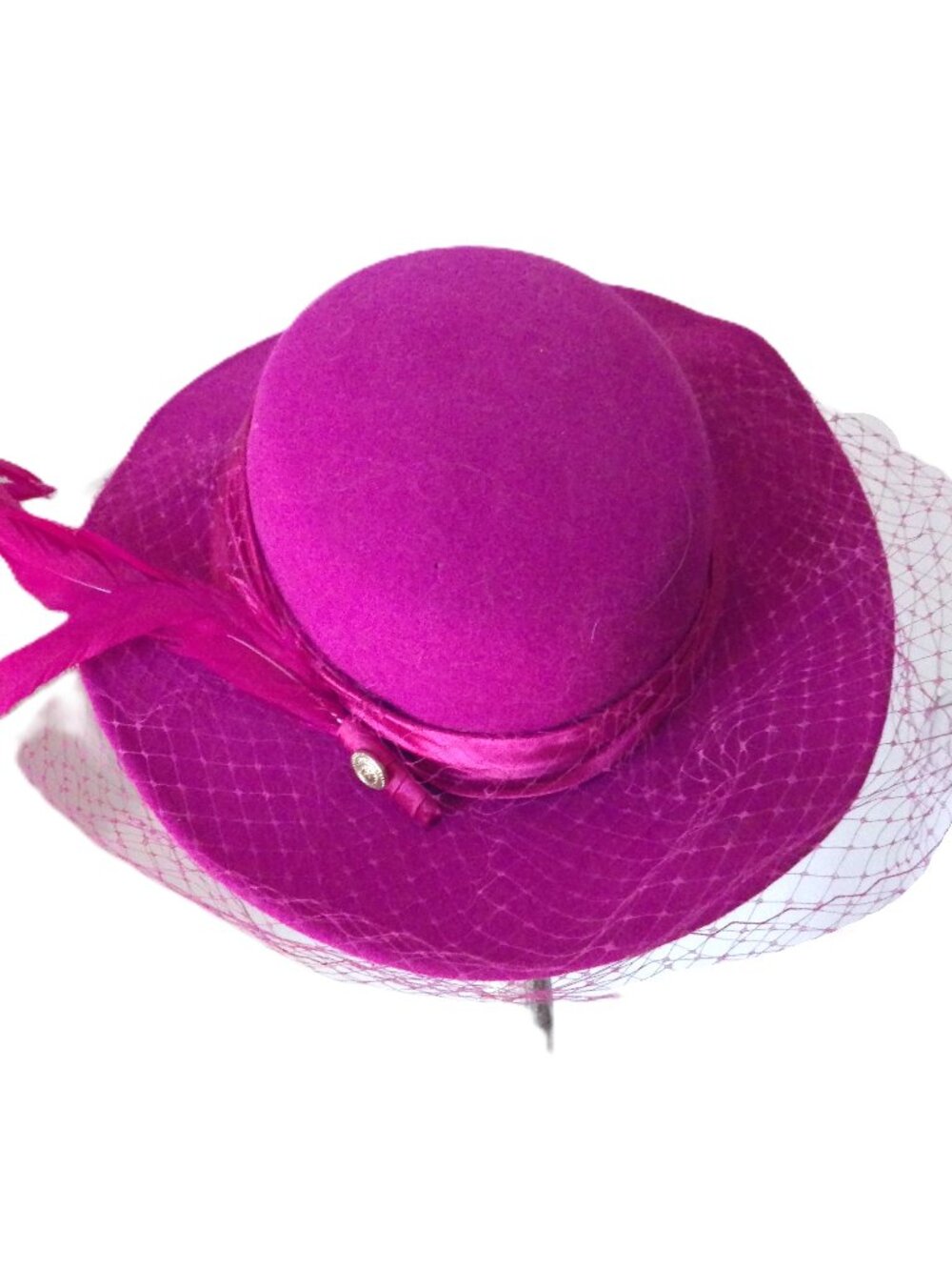 Vintage Miss Bierner Fuchsia Wool Felt Hay/ Wide Brim/ Veil